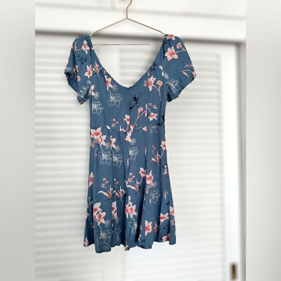 Roxy Shoulder Shimmy Sweetheart Floral Palm Print Mini Dress In Blue lSize M - Picture 7 of 16